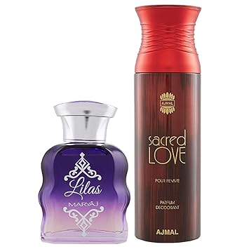 Maryaj Lilas Eau De Parfum Citrus Floral Perfume 100ml for Women and Ajmal Sacred Love Deodorant Floral Musky Fragrance 200ml for Women + 2 Parfum Testers FREE