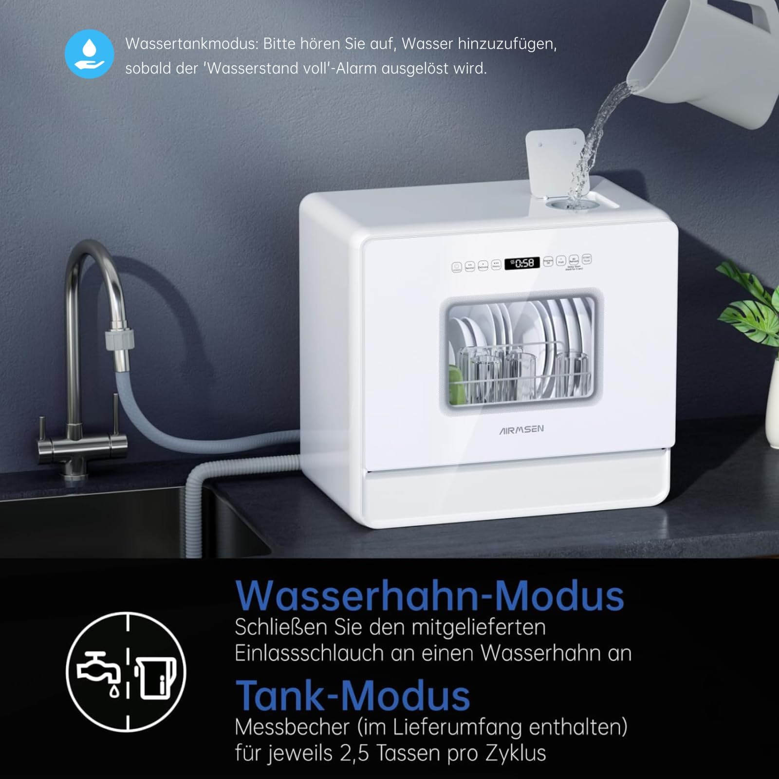 AIRMSEN Tischgeschirrspüler Mini Geschirrspüler mit Weichwasseranlage, 7+2 Programmen & 5L Wassertank, Kompakte Spülmaschine mit/ohne Wasseranschluss, Ideal für Wohnungen Wohnmobil Weiß 2