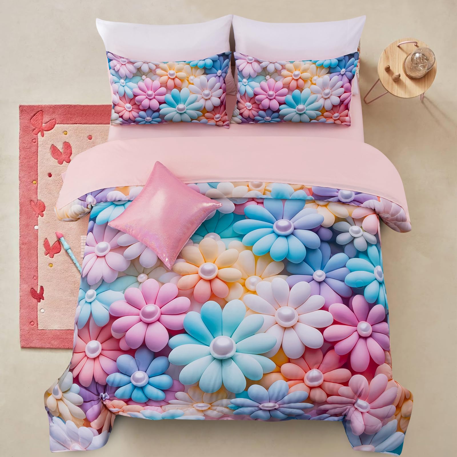 A Nice Night Stunning Blooming 3D Flower Floral Comforter Sets, with Pearl Flower Core Pattern Bedding Set for Girls Full Size, Ultra Soft Bedding Sets (Blue-Purple, Full 6Pcs) Image