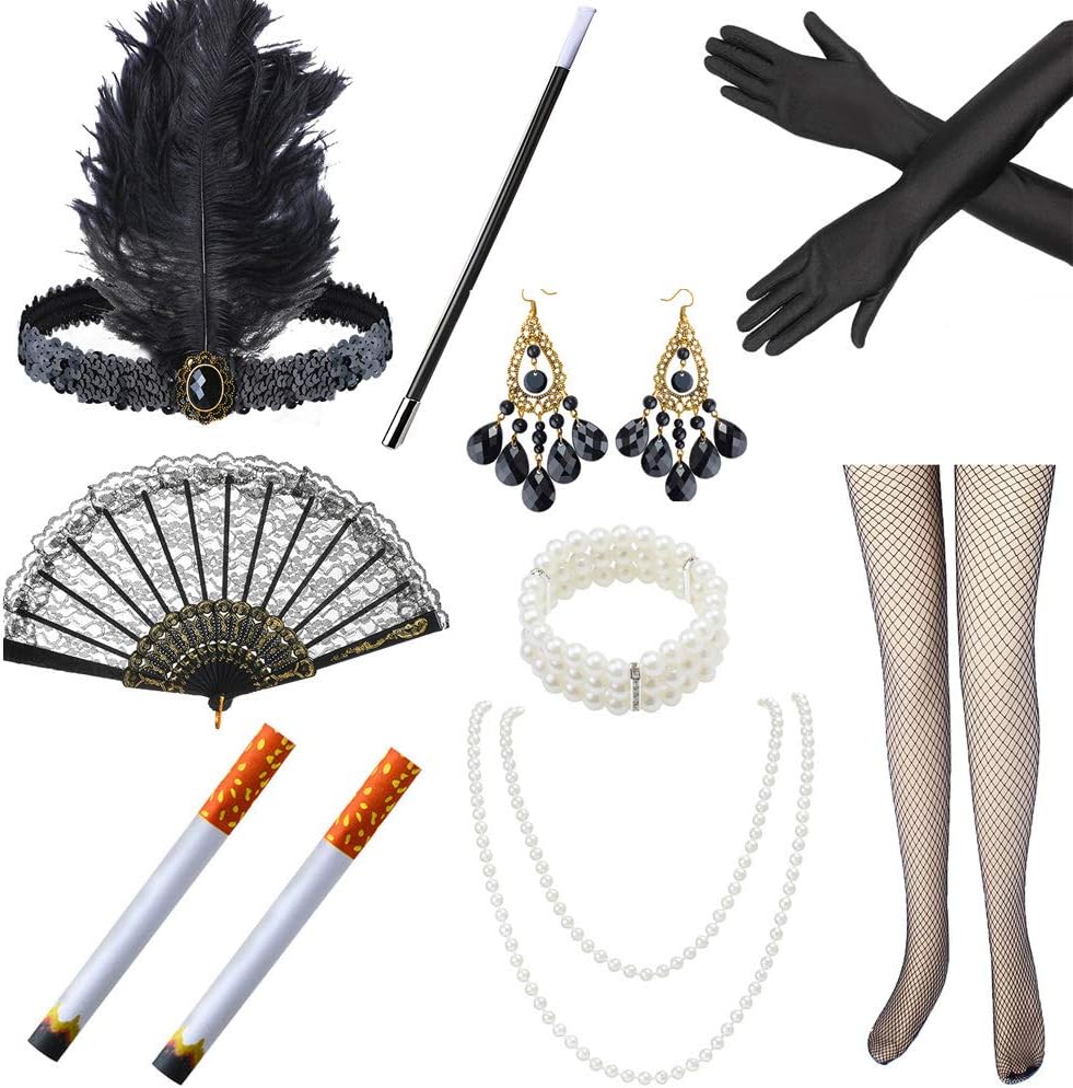 Beelittle 1920s Accessories Set Flapper Headband, Pearl Necklace,Gloves,Net Tights, Great Gatsby Accessories for Women