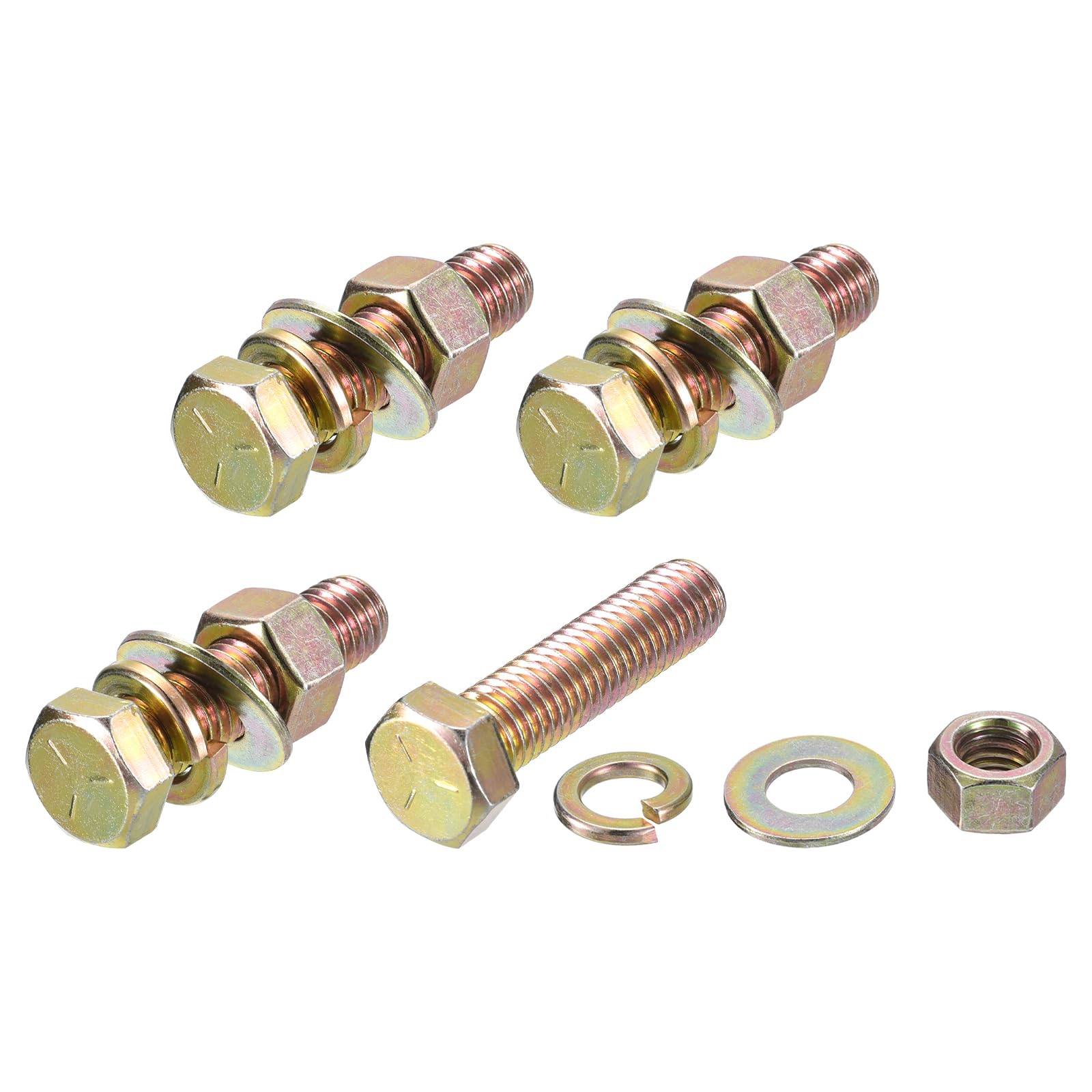 METALLIXITY Hex Head Screws Bolts, Nuts, Flat & Lock Washers Kits (1/2-13x2") 4 Set, Carbon Steel Fully Threaded Machine Screws Bolt Set - for Home Appliance Equipment, Gold