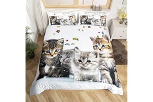 Erosebridal Cute Cat Bedding Comforter Set Twin Size, Colorful Butterfly Decor Duvet Cover for KidsTeens Boys Girls, Animal P
