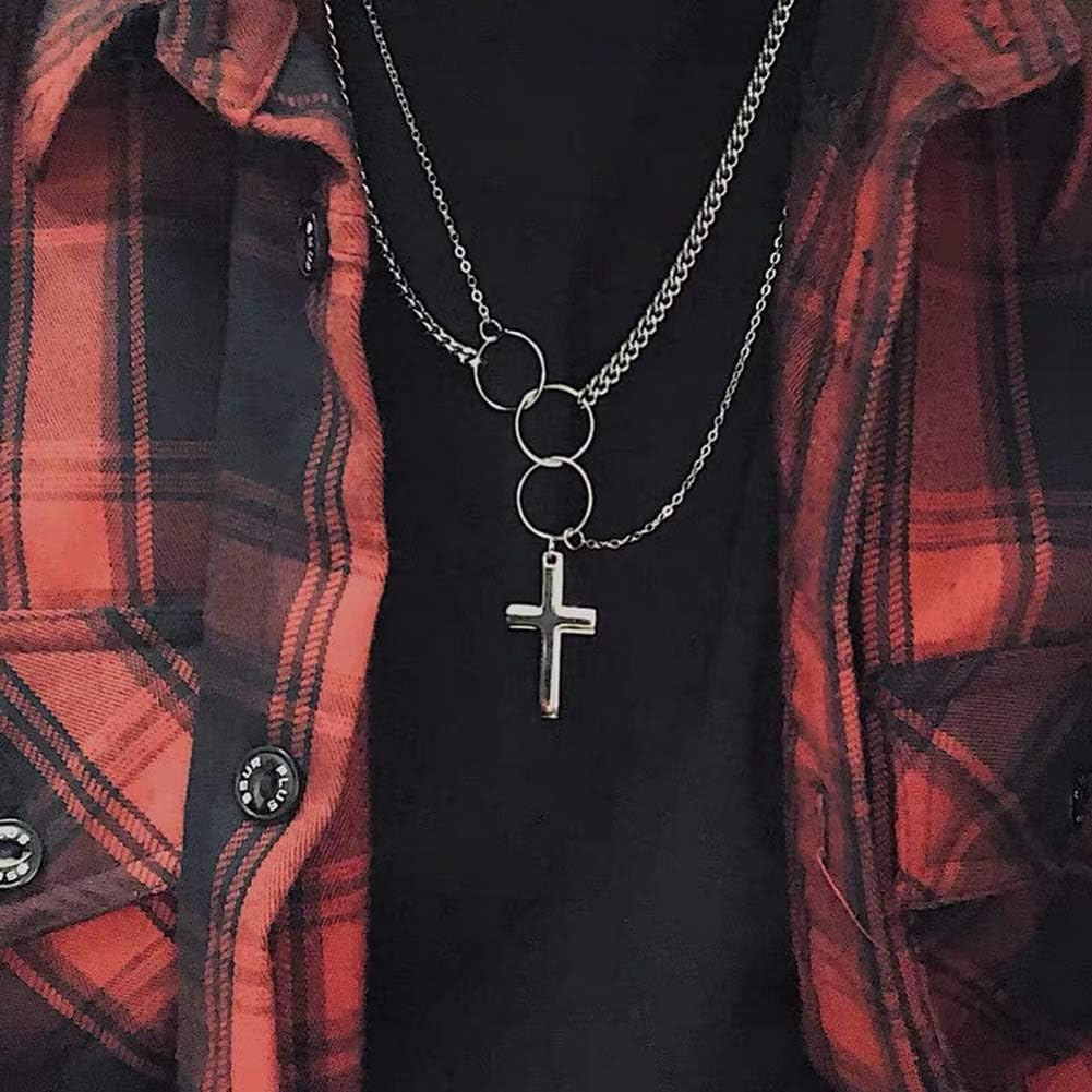 Vintage Multilayers Metal Punk Silver Chains Cross Square Choker Gothic Collar Punk Charm Necklace Pendant Neck - Jewelry Statement Rock 90's Heavy Duty for Men Women Male Female (Type: L)