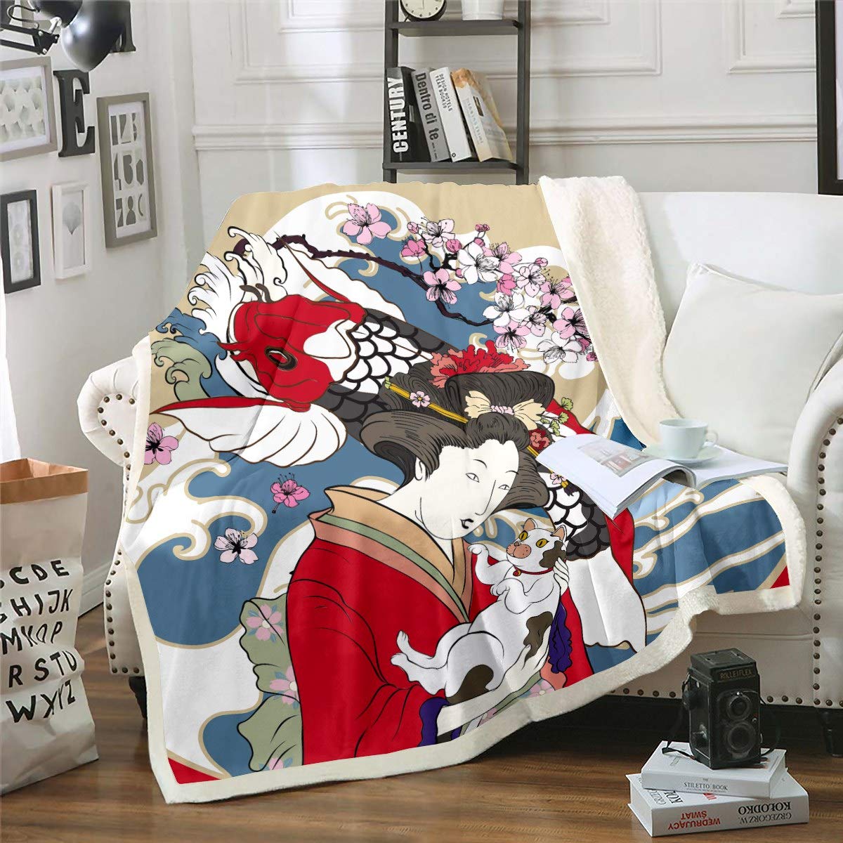 Japanese Ukiyoe Theme Throw Blanket for Kids Boys Girls Hokusai Pattern Blanket Japanese-Style Fleece Blankets Exotic Style Sherpa Blanket,for Crib Bed Sofa Couch Fuzzy Blanket Double 60"x79"