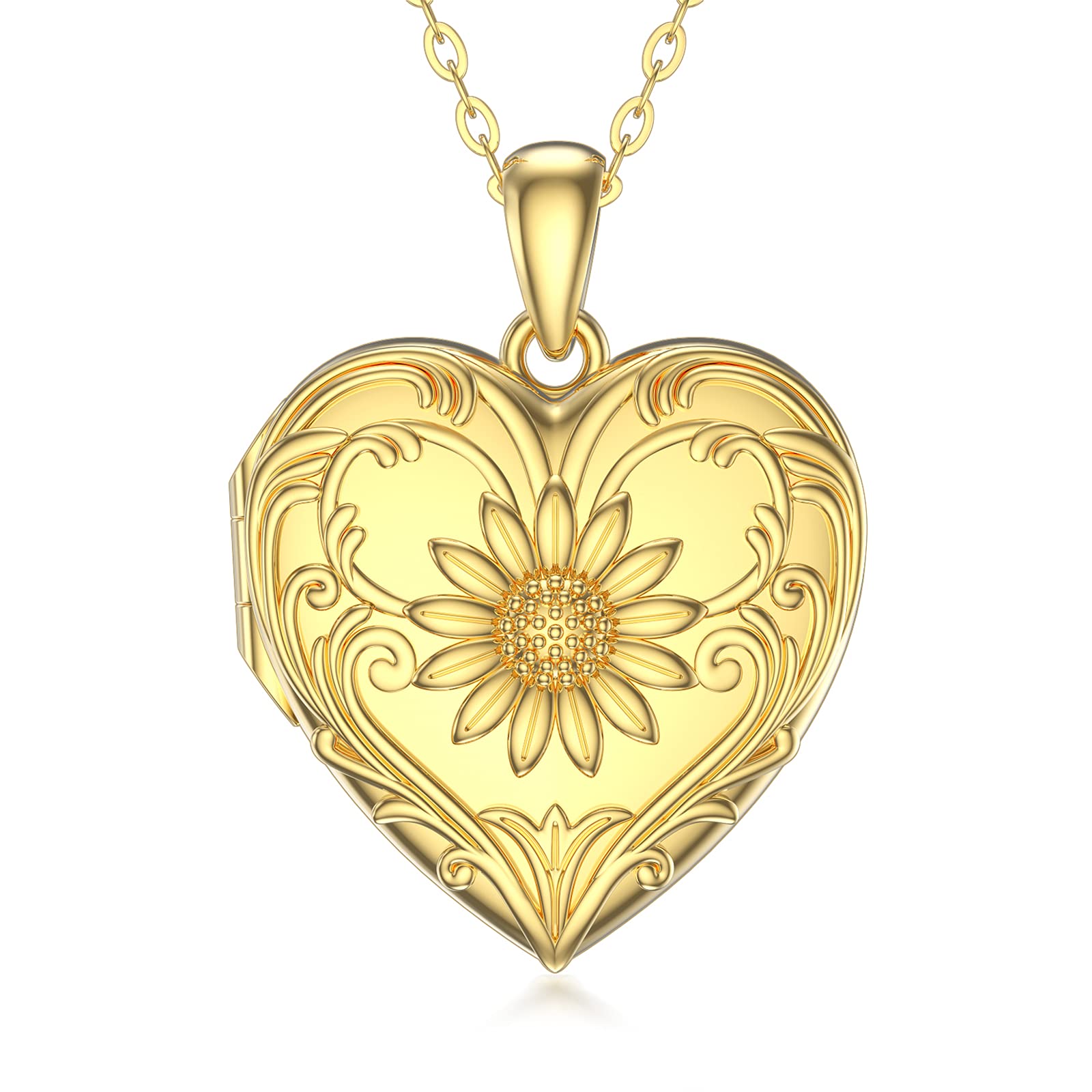 SOULMEET Yellow Gold Plated Personalized Sunflower Heart Shaped Locket Necklace That Holds Picture(Locket only)