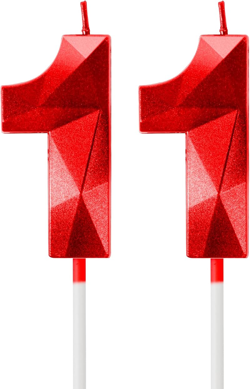 Yiran Red 11th Birthday Candles 3D Number 11 Cake Topper 2 pcs