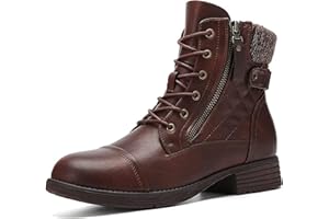 Combat Boots for Women Lace-up Mid-calf Military Lightweight Waterproof Fall Boot for Women Side Zipper Low Heel Round Toe Sh