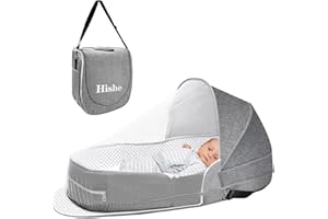 Hishe Baby Travel Bassinet Portable Bassinets: Foldable Lightweight Travel Pod Infant Bassinet with Mosquito and Canopy Outdoor Newborn Essentials Gift
