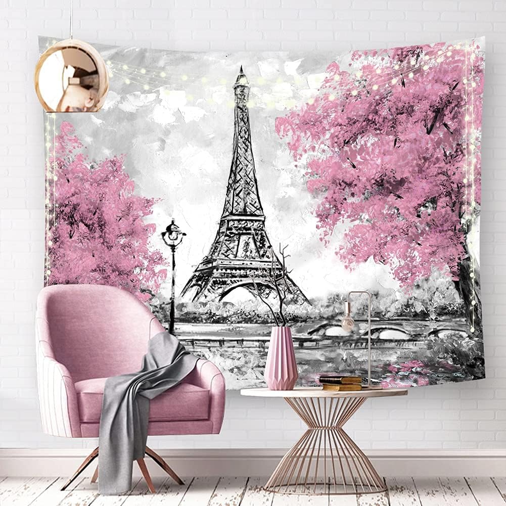 Tapestries - Riyidecor Paris Eiffel Tower Tapestry Wall Hanging 59Wx51H Inch Rustic Pink Paris Theme Fabric Dorm Wall Decor for Girls Women French Romantic Scenery Landscape Art Bedroom Living Room WW-PAVT