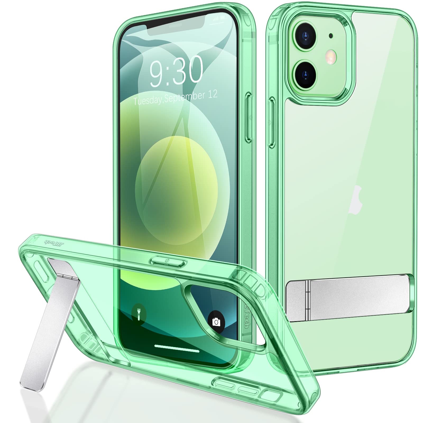 JETech Case for iPhone 12/12 Pro 6.1-Inch with Stand, Support Wireless Charging, Slim Shockproof Bumper Phone Cover, 3-Way Metal Kickstand (Green)