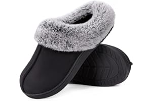 HomeTop Women's Classic Microsuede Memory Foam Slippers Durable Rubber Sole with Warm Faux Fur Collar