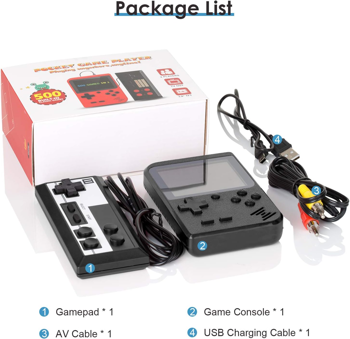 Handheld Game Console, Retro Mini Game Player with 500 Classic FC Games, 3.0 Inch Screen 800mAh Rechargeable Battery Portable Game Console Support TV Connection & Two Players for Kids Adults (Black): Toys & Games