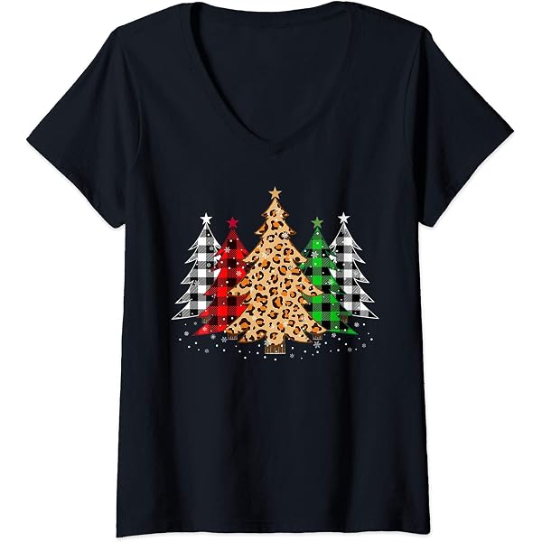 Women's Christmas Leopard Plaid Tree T-Shirt - Festive Holiday Short Sleeve Tee With Merry Christmas Print - View #5