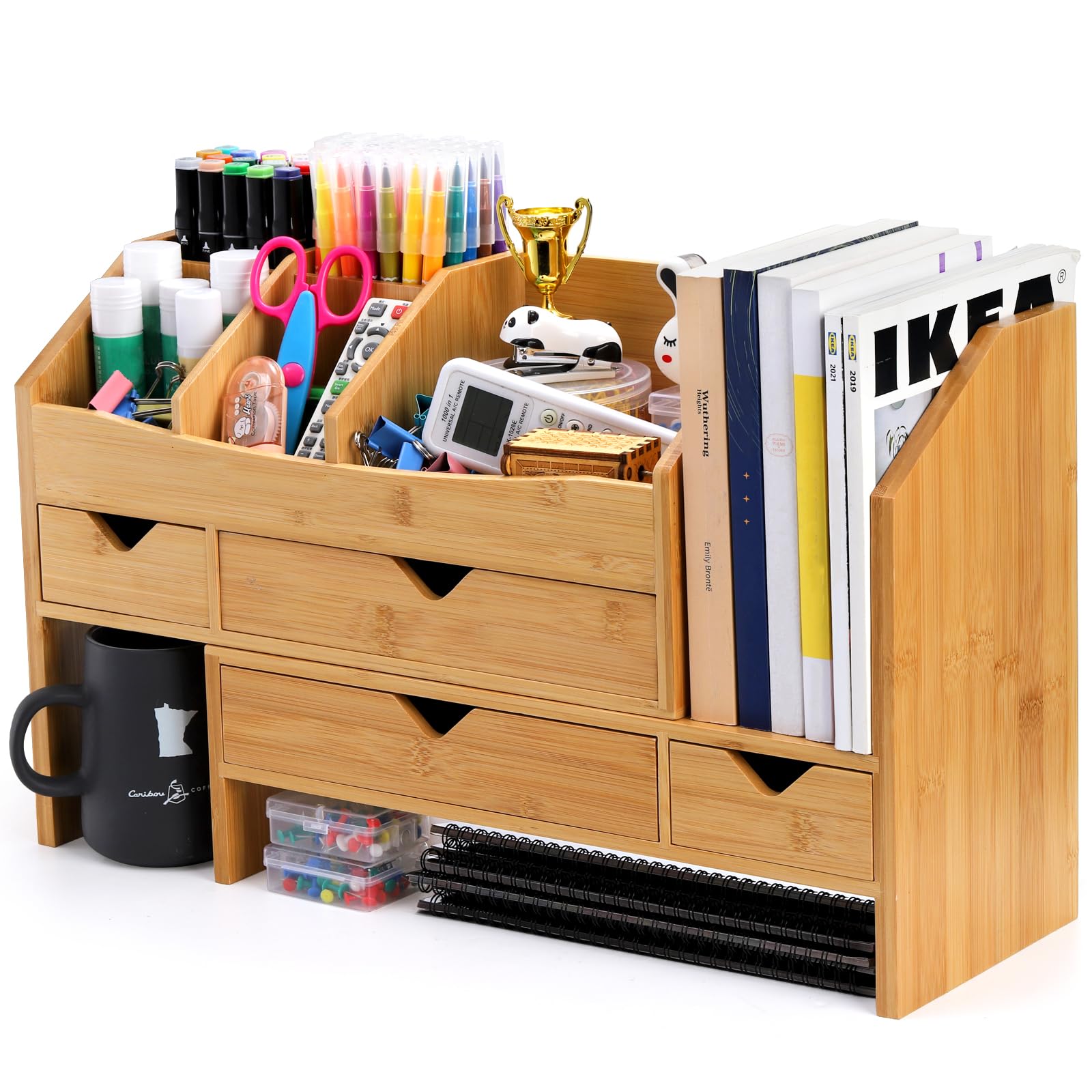 Photo 1 of *Cracked* Lawei Bamboo Desk Organizer with Adjustable File Holder, Mini Desk Drawer Tabletop Organization Box with 4 Drawers for Makeup, Letter, Pens, Home Office Supplies, Vanity, 3 Layer, Fully Assembled