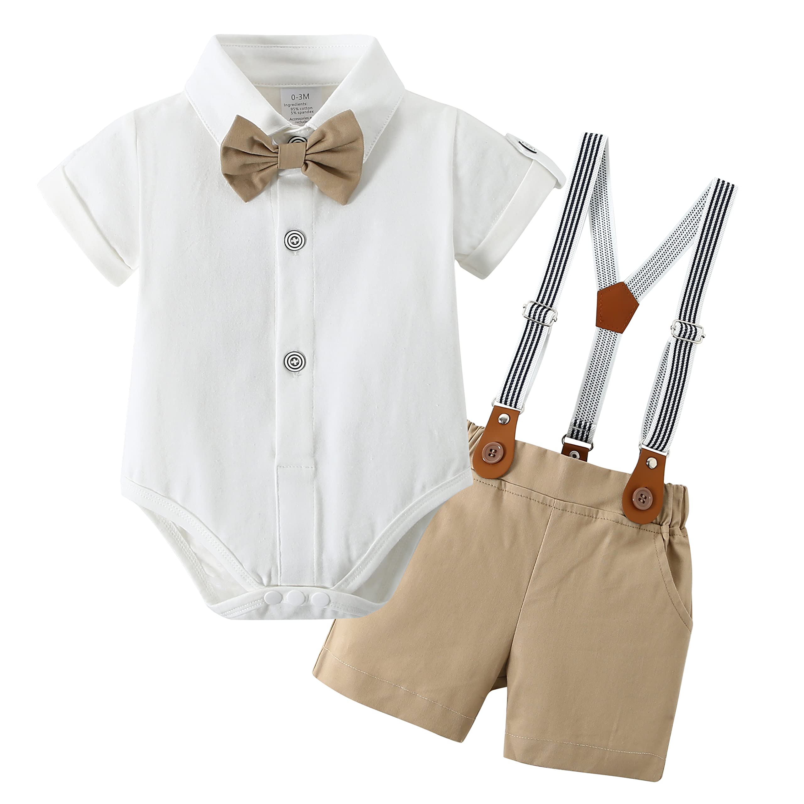DISAUR Baby Boy Clothes Suits,Infant Gentleman Outfits Short Sleeves Romper +BowTie + Suspender Pants Wedding Set 0-18 Months
