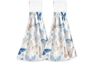 Bolaz Blue Butterfly Hanging Kitchen Towel 2 Pcs Absorbent Hanging Tie Towels for Bathroom Laundry Room Kitchen 12 x 17 Inche