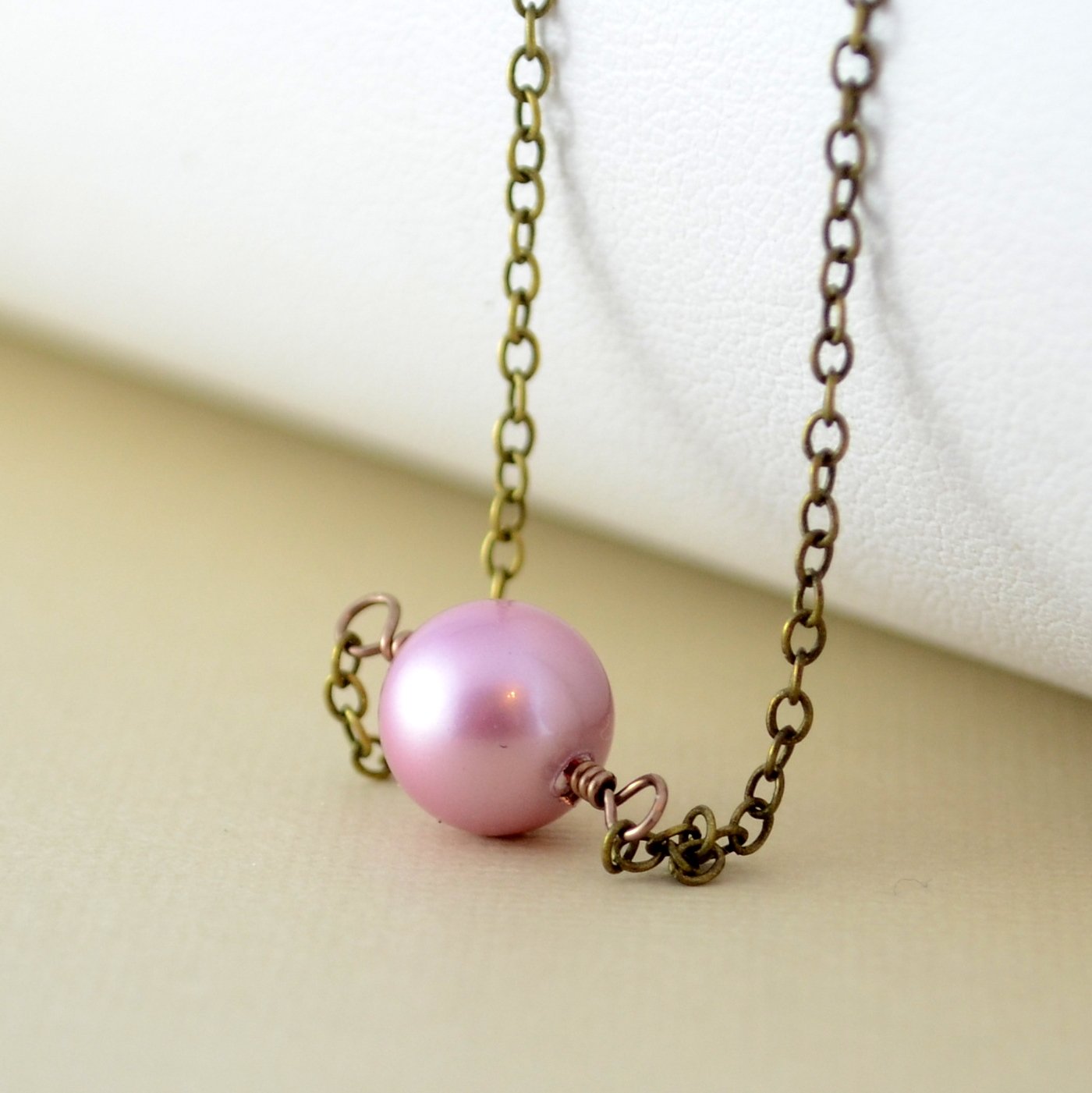 Pink Pearl Choker Necklace in Antiqued Bronze Handmade