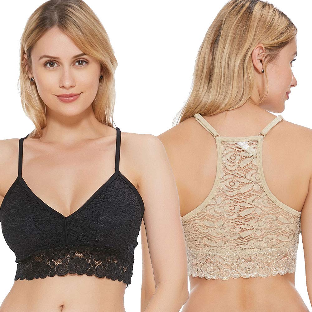 JOJOANS Ultra-Light and Breathable Lace Bra 2 Pack for Women (Black/Nude,L)
