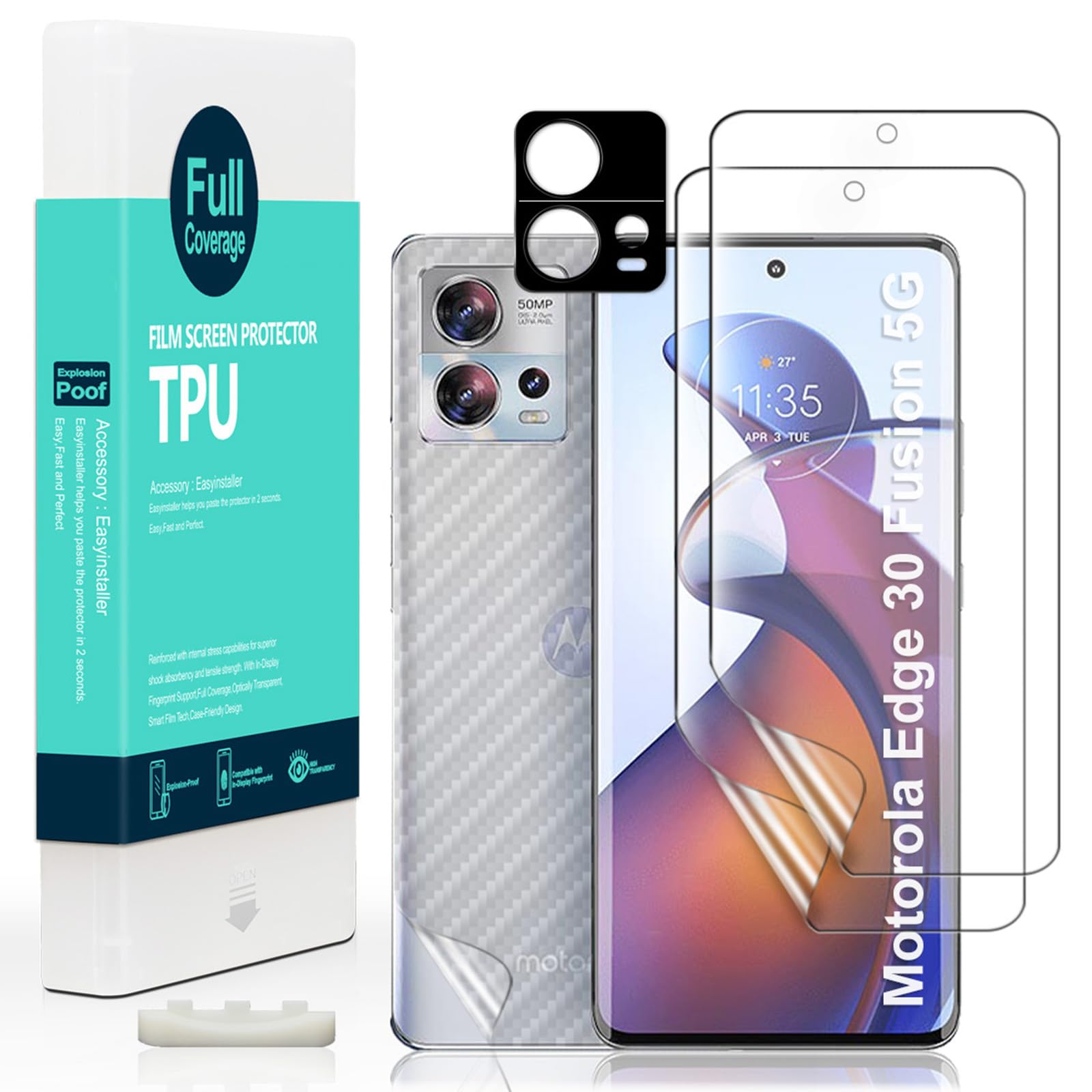 Ibywind Screen Protector For Motorola Edge 30 Fusion 5G(6.5 Inches),with 2Pcs Flexible TPU Film,1Pc Camera Lens Protector,1Pc Backing Carbon Fiber Film [Fingerprint Reader,Easy to install]