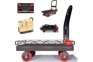 LOMIVE 2IN1 Heavy Duty Platform Trucks Flatbed Carts, Push Cart Dolly 1760lbs Capacity Hand Trucks w/Detachable Solid Steel Wire Fence, 36×24 Collapsible Cage Cart Dolly, 5-Inch Silent TPR Wheels