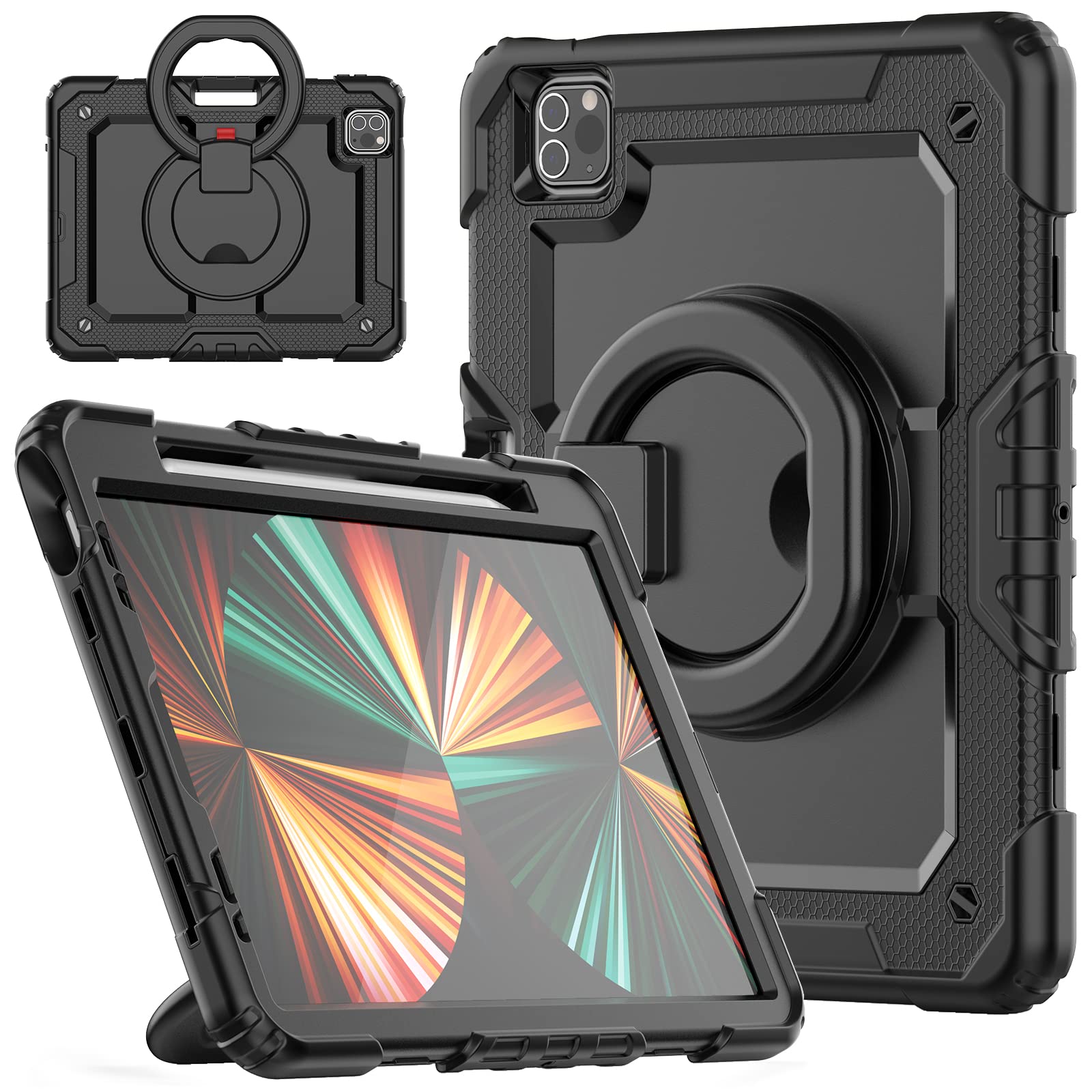 HUEZOE Compatible iPad Pro 11 Inch Case, 2021/2020/2018 Model, Shockproof Full Body Protective Case with Swivel Holder/Pen Holder, Black