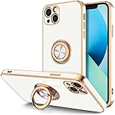Hython for iPhone 13 Case with Ring Stand [360°Rotatable Ring Holder Magnetic Kickstand] [Plated Rose Gold Edge] Slim Soft TPU Cover Luxury Protective Phone Case for Women Men, White
