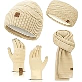 Winter Beanie Hat Scarf Gloves Headband Set – Knit Beanie, Warm Scarf, Touchscreen Gloves & Ear Warmer, Gift for Women & Men