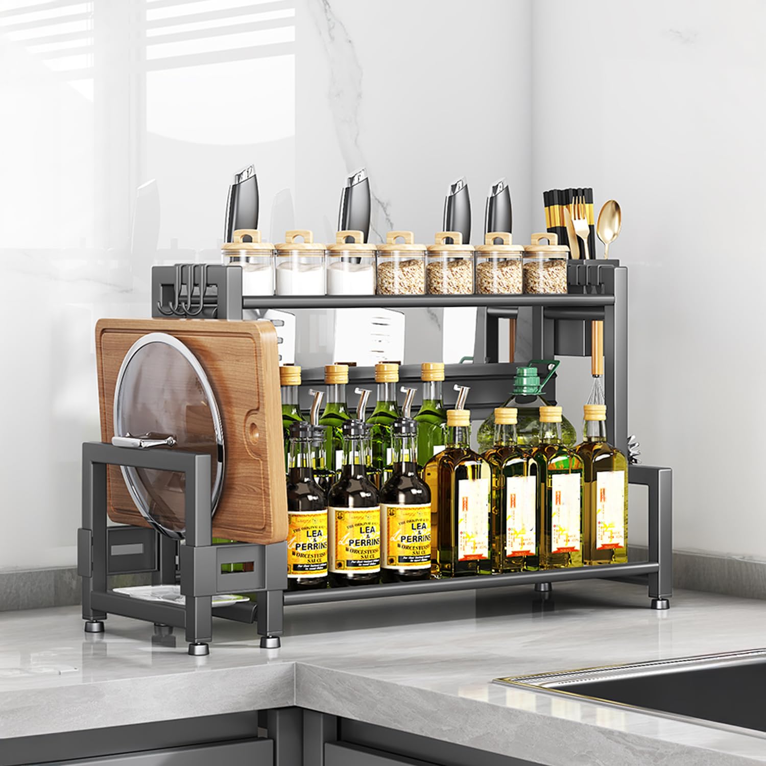 devesanter Standing Spice Rack, 2 Tiers, Large Capacity Spice Jars, Kitchen Shelf, Metal Organiser for Worktop Storage with Chopping Board Holder, Utensil Holder, with 6 Hooks, Grey