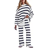 LAMISSCHE Oversized Womens Lounge Set Striped Sweater Set Long Sleeve 2 Piece Pajama Set Top and Pants with Pockets