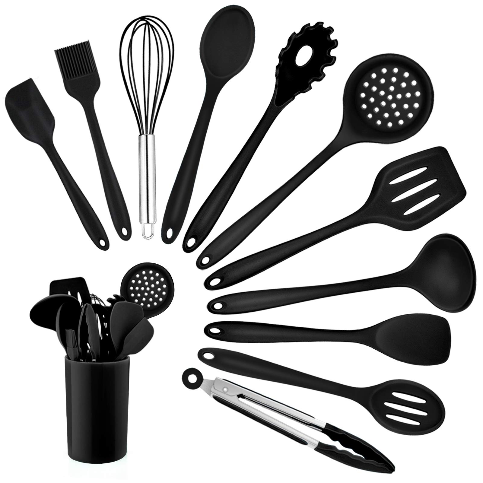 Kitchen Utensil Set, Homikit 12 Piece Cooking Utensils, Silicone Kitchen Utensils Set with Holder, Heat Resistant Kitchen Tools Include Spoons Turner Spatula Ladle Tong for Non-Stick Cookware, Black