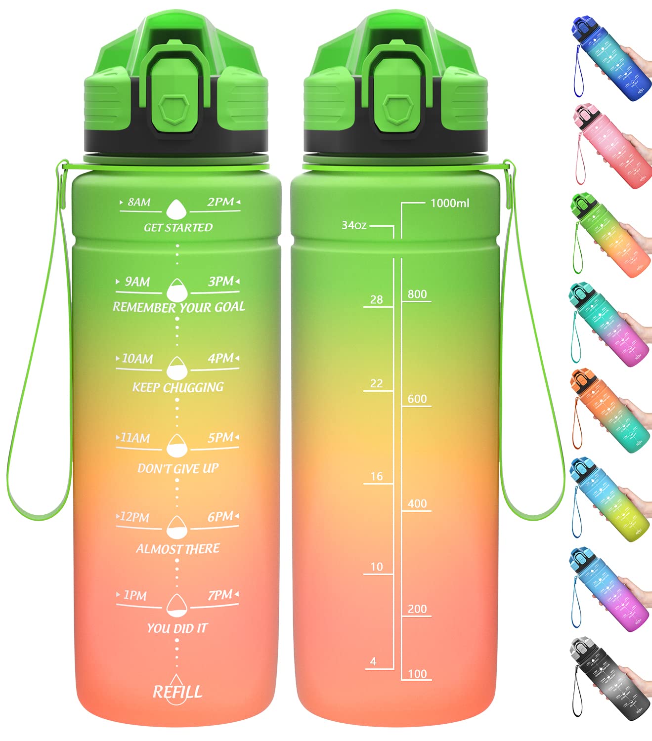 Coolfel Motivational Water Bottle with Time Markings, 1.5L & 700ml, BPA Free Tritan Leakproof Reusable Drink Bottle for Gym, School, Running — image 1