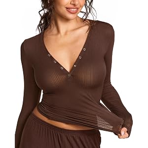 SOULVOR Natrelax Modal Ribbed Henley Shirts | Semi Sheer Fabric, Long Sleeve T Shirts, Going Out Tops, Comfort Soft, Plunge,