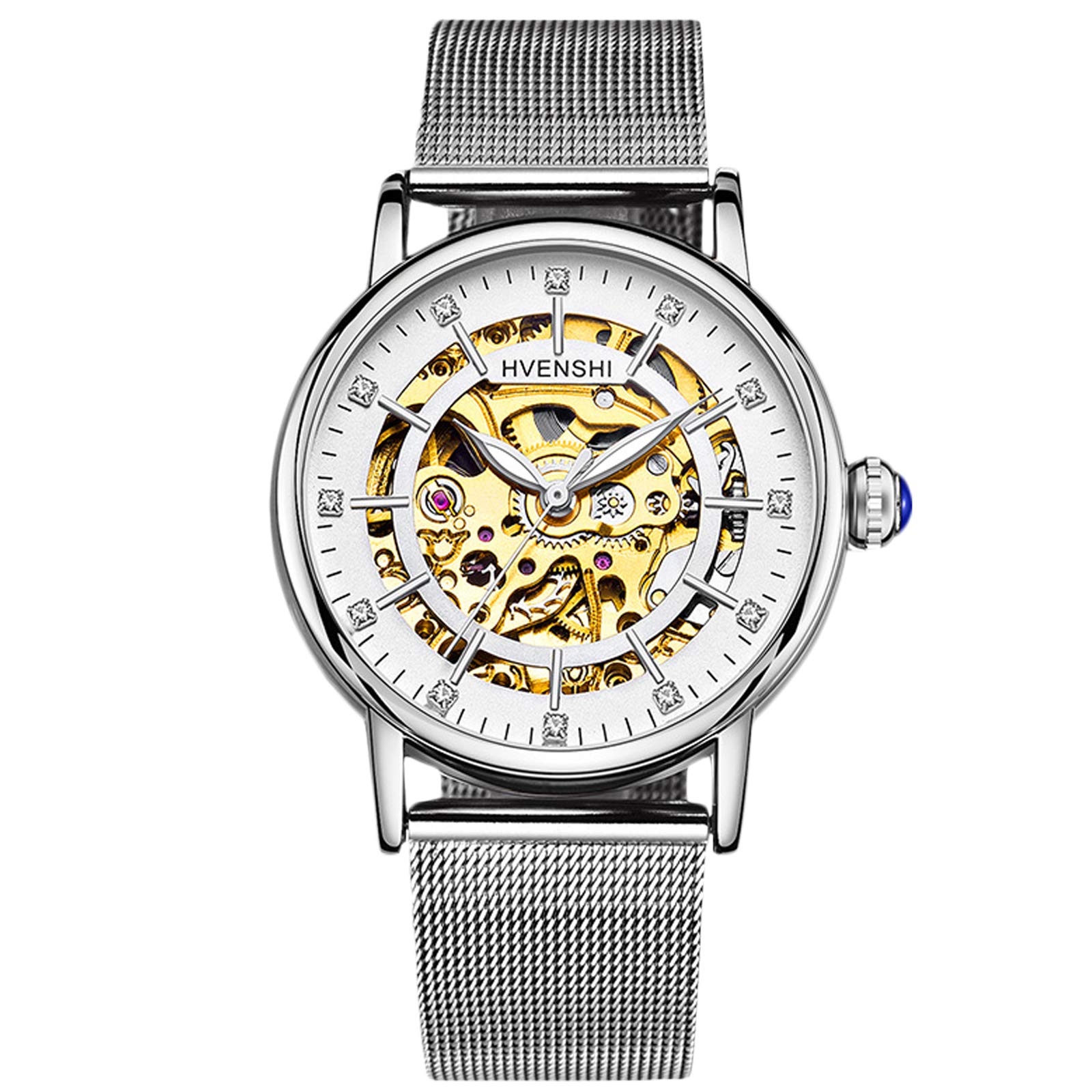 RORIOS Women Automatic Mechanical Watch Self-Winding Skeleton Dial Stainless Steel Strap Ladies Wristwatches