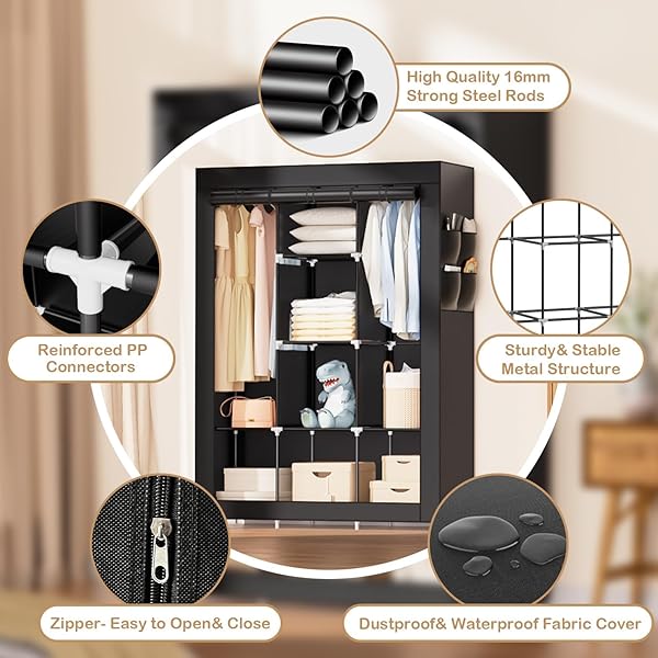 PORTABLE CLOSET FOR HANGING CLOTHES – 66.7-INCH LARGE CAPACITY CLOTHES RACK WITH HOOD, 8 STORAGE SHELVES, 2 HANGING ROD AND 3 SIDE POCKETS,NON-WOVEN FABRIC FREESTANDING CLOSET FOR BEDROOM, BLACK