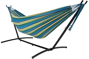 Lazy Daze Hammocks Double Hammock with 9FT Space Saving Steel Stand Includes Portable Carrying Case, 450 Pounds Capacity (Blue&Yellow)