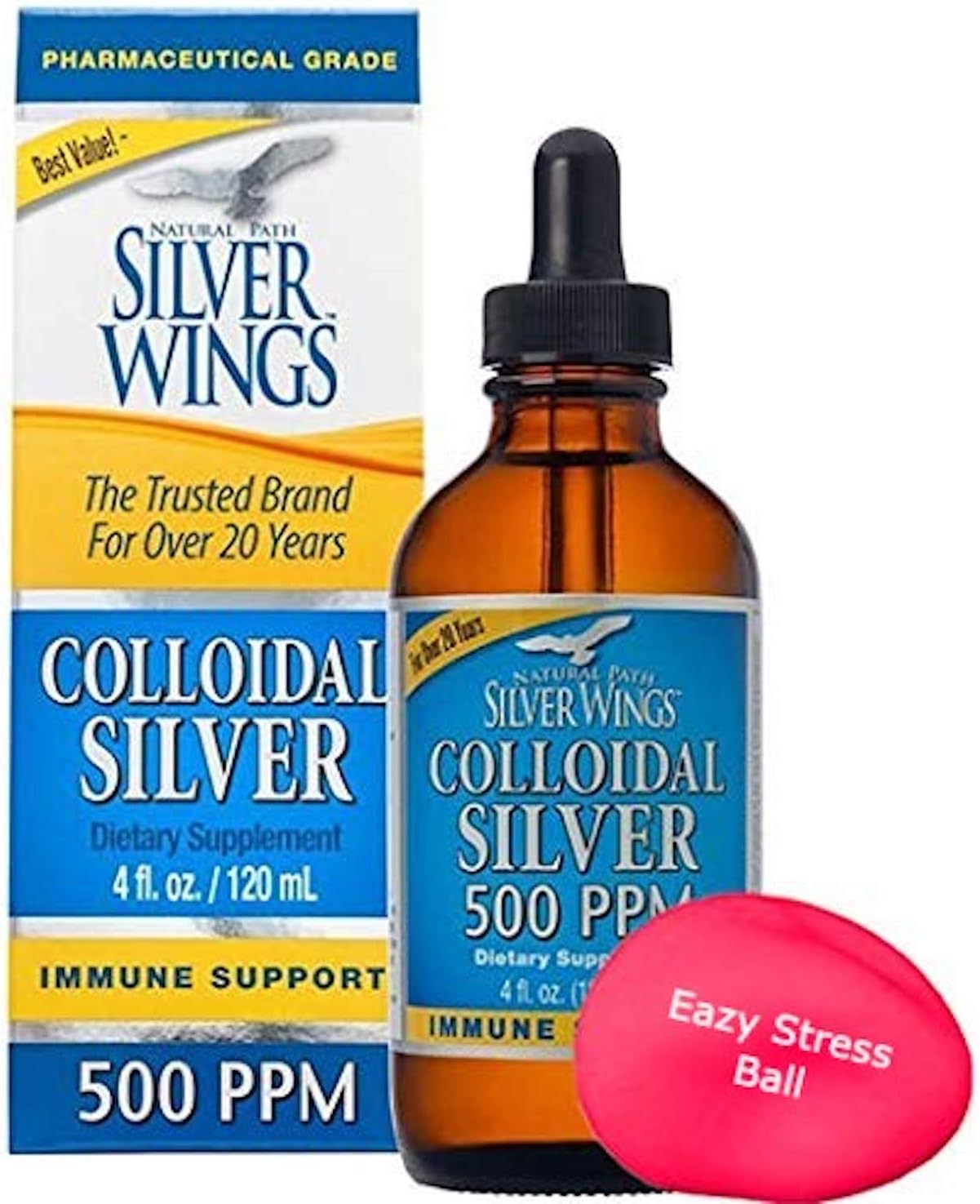 Natural Path Silver Wings - Colloidal Silver 500 ppm - Pure Mineral Supplement - Immune Support for Your Family - Powerful Healing Without a Bad Taste (4fl oz/120ml) Bonus Stress Ball: Health & Personal Care