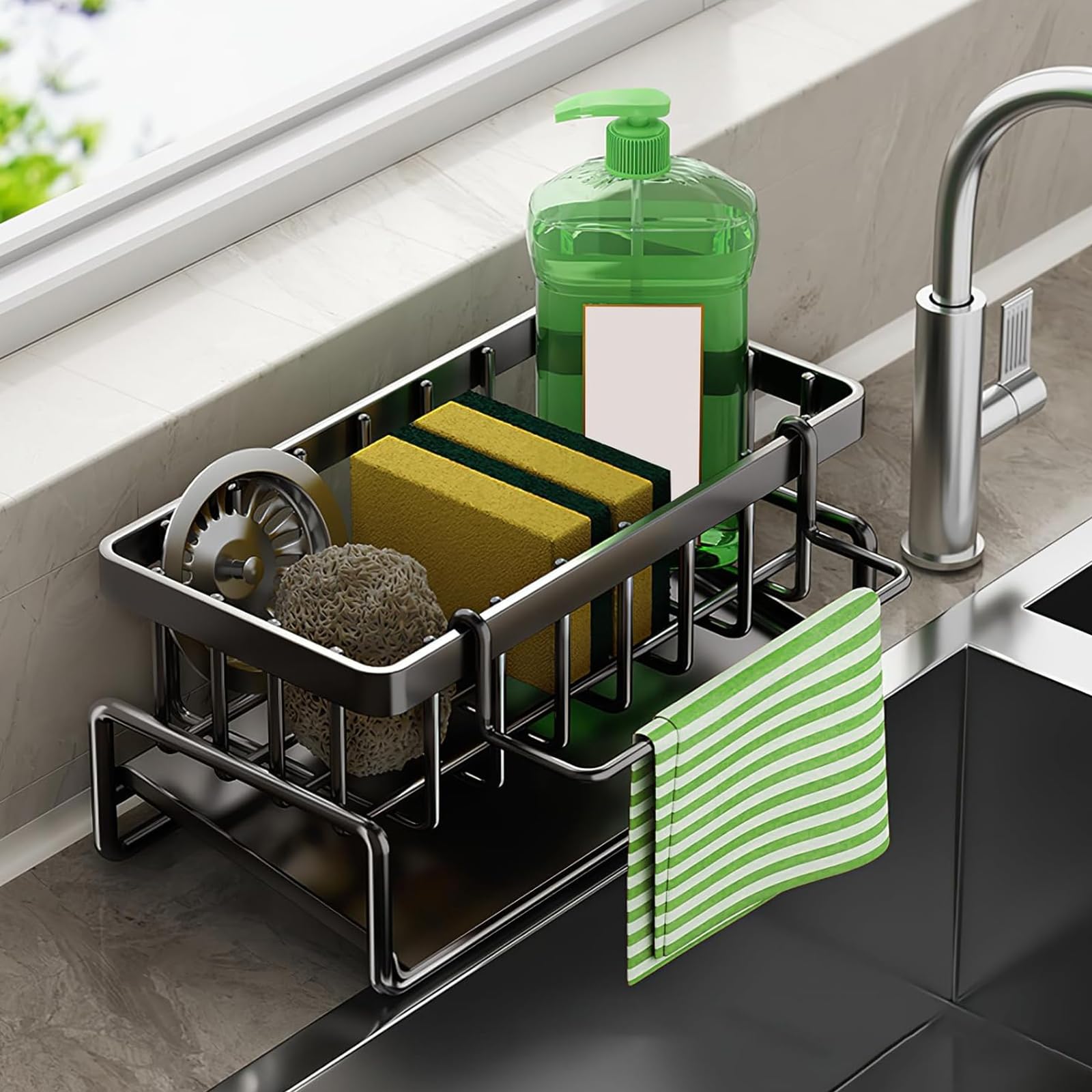 CYZBL Multifunctional Kitchen Sink Storage Organiser, Black Stainless Steel Sponge Holder, Countertop Cleaning Rack with Removable Dish Cloth Hanger, Washing up Caddy for Kitchen Bathroom (Black)