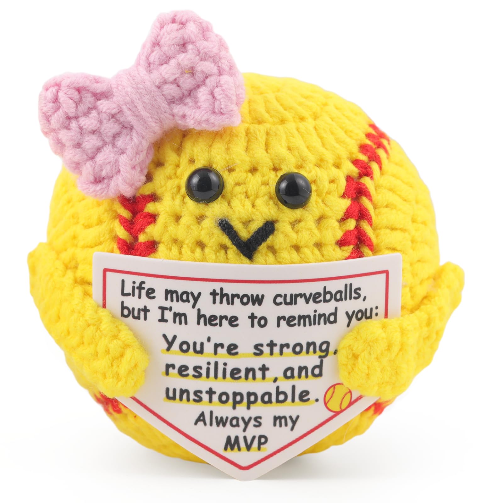 Rimvoe Crochet Positive Softball, with Bow and Motivational Message Card, Knitted Softball Gift for Players, Teammates or Lovers