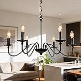 Phaosio Rustic Farmhouse Candle Chandelier for Dining Room, 6-Light Rustic Black Iron Light Fixture with Classic S-Arm Design