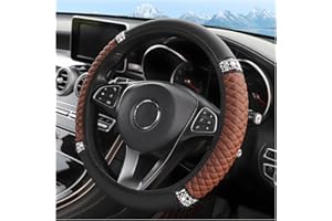 FEKEY&JF Bling Soft Leather Steering Wheel Cover, 15 Inch Colorful Rhinestones Auto Elastic Steering Wheel Protector, Sparkly Crystal Diamond for Women Girls, Car Interior Accessories (Brown)