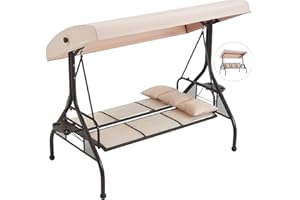 HOMREST Outdoor Porch Swing with Adjustable Canopy, Backrest, 3-Person Patio Canopy Swing Textilene Bed with Side Cup Holder, Pillow for Garden, Deck, Back Yard, Lawn (Khaki)