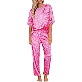 Ekouaer Womens Satin Silky Pajama Set Short Sleeve Shirt with Long Pajama Pant Set Soft PJ Loungewear