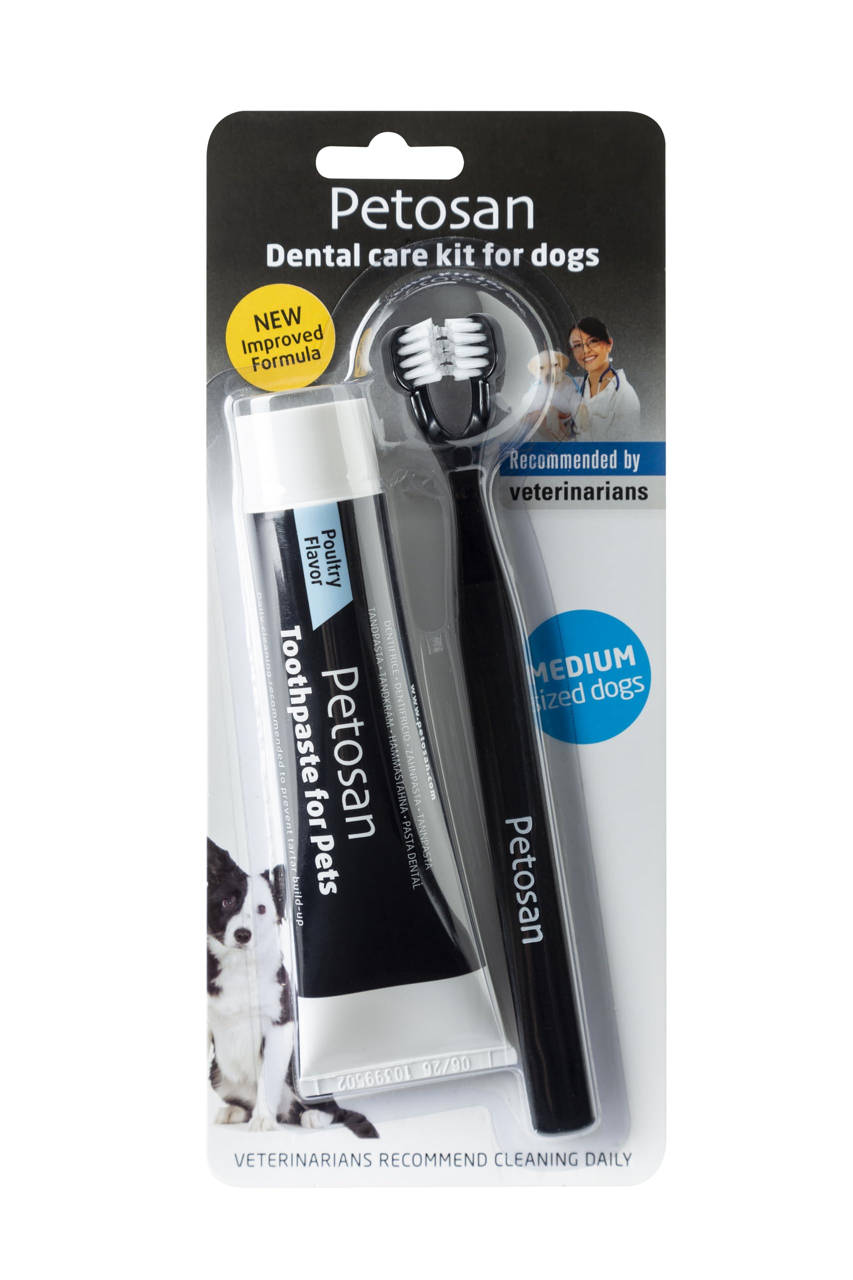 Petosan Dental Care Kit for Medium Dogs - Dog Toothbrush and Toothpaste Set (7-15 kg) - Plaque and Tartar Removal, Fresh Breath, Recommended by Vets, Poultry Flavour.