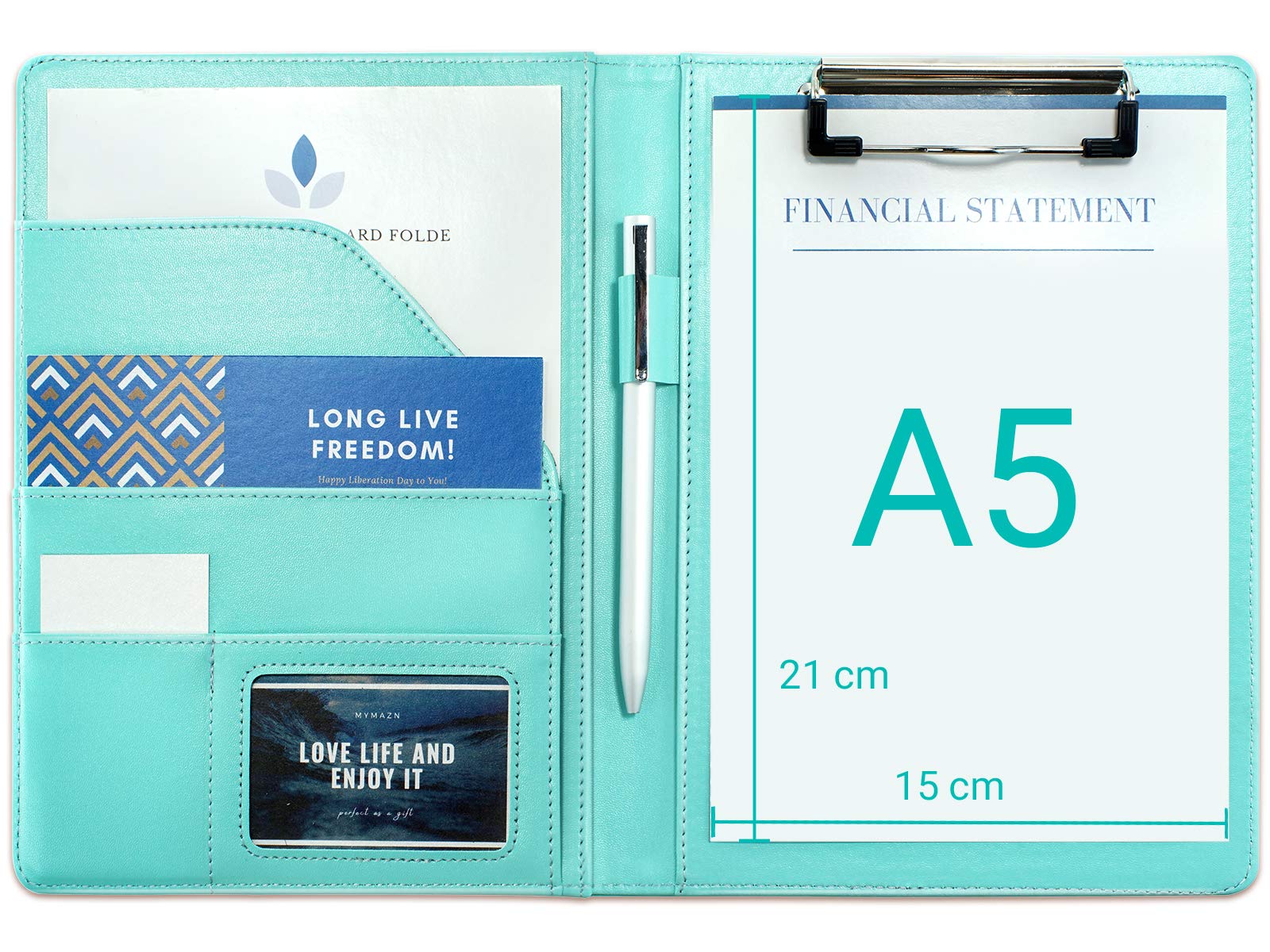 Clipboard Folder A5 Conference Folder for Legal Pad, Pu Leather Folder Work Writing Foldover Clipboard with Cover, Portfolio Organiser A5 Folio Clip Board with Pen Holder (Pale Turquoise)