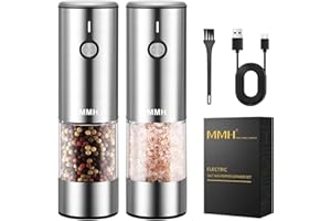 MMH [Upgraded 66g Large Capacity] Electric Salt and Pepper Grinder Set USB Rechargeable with 6-Level Adjustable Coarseness Stainless Steel Automatic Salt n Pepper Mill Grinders Refillable with light