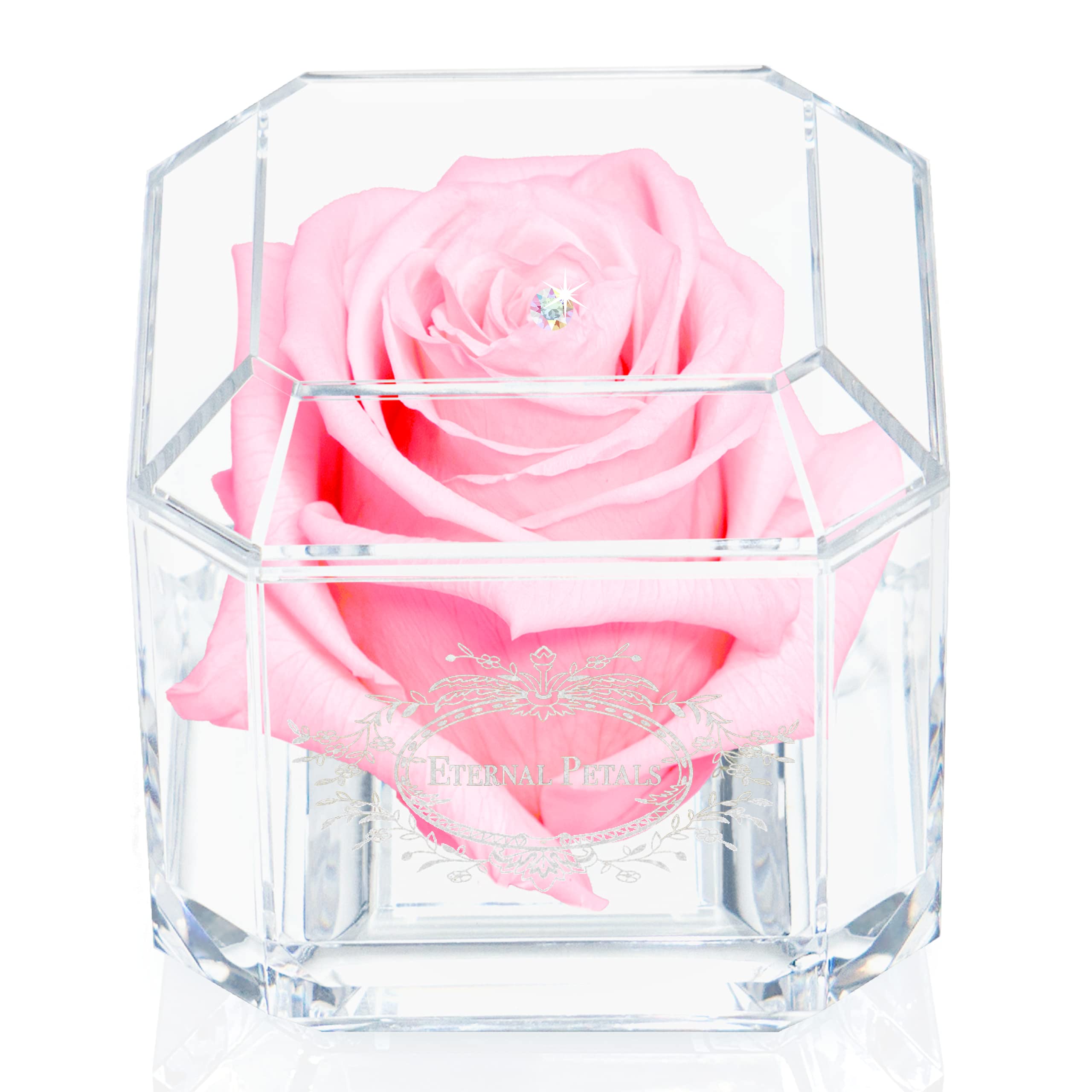A 100% Real Rose That Lasts Years - Eternal Petals, Handmade in UK – White Gold Solo with A Multicolor Crystal (Light Pink) — image 1