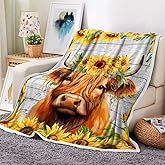 Torich Highland Cow Throw Blankets, Farm Animal Highland Cattle Animal Cozy Warm Bed Couch Blanket, Country Farmhouse Sunflower White Fleece Flannel Throws to Decorate The Room and Bedroom