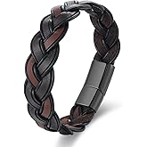 BIYONGDE Handmade Brown Braided Leather Bangle Bracelet, Black Stainless Steel Clasp, Mens Stylish