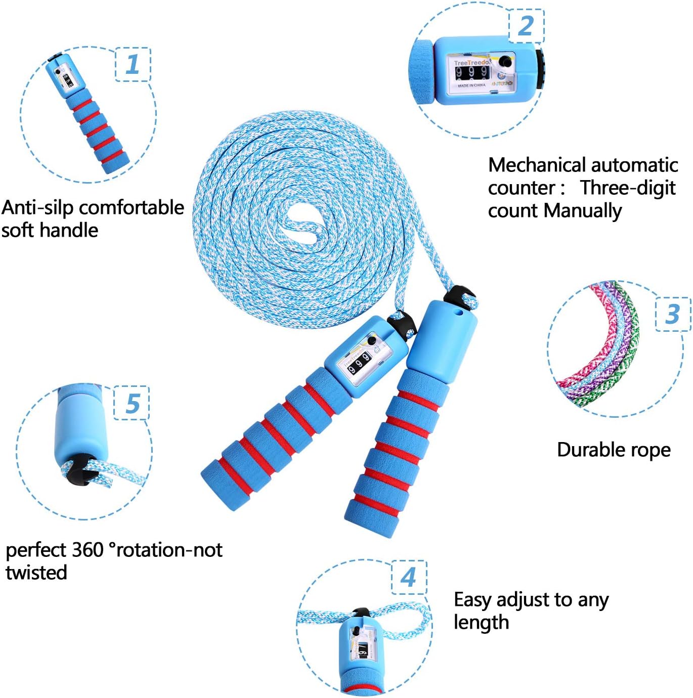 KONVINIT Skipping Rope for Children,Jump Rope Kids Adjustable with Counter and Comfortable Anti-Slip Handles Gifts for Boys and Girls Blue - Image 5