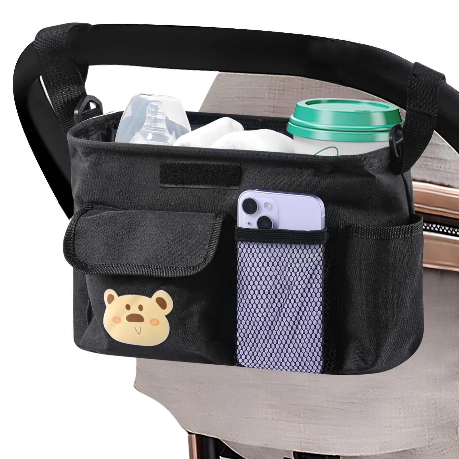 Baby Pushchair Pram Organiser Bag, BugyKido Large Capacity Buggy Organiser, 2 Insulated Cup Holder, 3 Front Pocket, Adjustable Shoulder Strap, Fits All Baby Pushchair Organiser Handlebar
